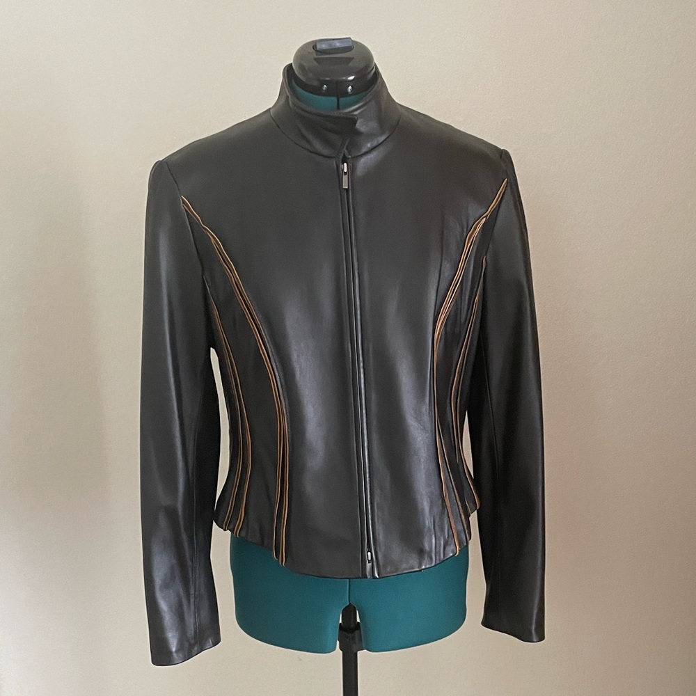 Anne Klein Dark Brown Leather Jacket with Tan Accents